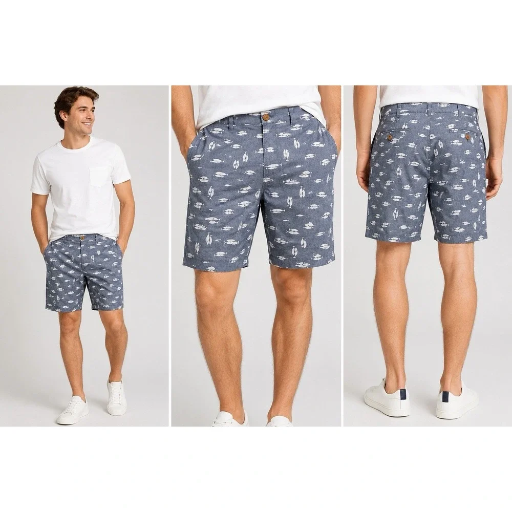 J.Crew Men's Reade Fish Print Shorts Blue Chambray Cotton Flat Front 36W Coastal